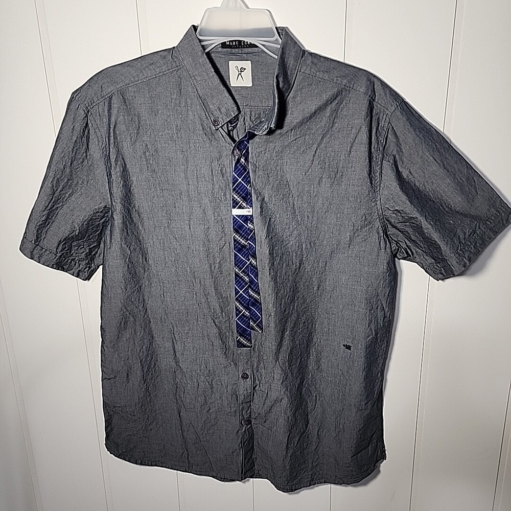 Marc Ecko Cut & Sew +Me Shirt Button Short Sleeve Cotton L Large Grey Blue MEN